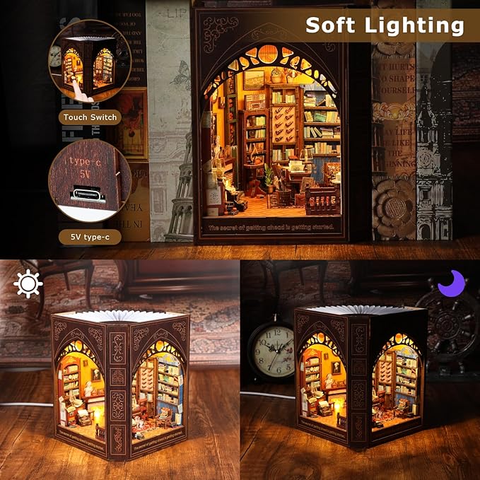 Book Nook Kit for Adults and Teens – DIY 3D Wooden Dollhouse Puzzle with LED Light, Mark Twain’s Library Miniature House Bookshelf Insert Decor