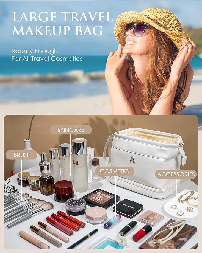 Gifts for College Girls-Initial Makeup Bag, Personalized Double Layer Cosmetic Bag with Makeup Brush Organizer, Waterproof, Large Capacity Travel Toiletry Bag Retirement Gifts, Daughter Gifts