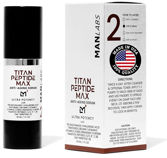 Titan MAX Anti-Aging Peptides Serum for Face – Ultra Potency Mens Peptide Serum Moisturizer – Mens Skin Care – Men, Dark Spots, Wrinkles, Fine Lines – Peptides, 10% Niacinamide, HA –Unscented