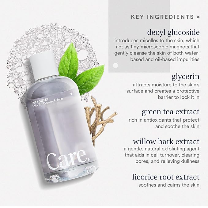 Care - Soft Sweep Micellar Cleanser and Facial Toner, Alcohol-Free and Paraben-Free Micellar Cleansing Water with Hyaluronic Acid, Glycerin, and Willow Bark Extract, Rinse-Free Face Cleanser, 8 fl oz