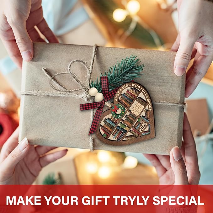 Just A Girl Who Loves Books Ornament 2025 - Heart Bookshelf Wooden Christmas Ornament for Readers, Librarians & Bookworms - Christmas Tree Decorations 2 Layer Wood Keepsake with Gift Box