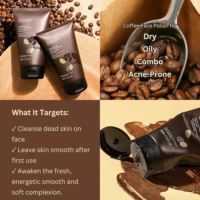 Cocoon Dak Lak Coffee Face Polish with Cocoa Butter & Safflower Oil. 100% Vegan Exfoliating Scrub for Smooth & Glowing Skins | Anti Blackheads, Enlarged Pores, Wrinkles & Fine Lines (5.07 fl oz)