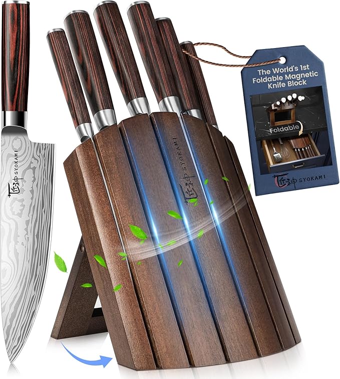 Knife Set 7 Piece Japanese Style Kitchen Knife Set With Foldable Magnetic Acacia Wood Block Sharp High Carbon Stainless Steel Knives Set for Kitchen with Anti-slip Ergonomic Handle, Ideal Gift