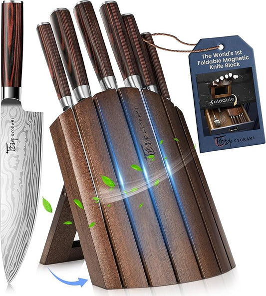 Knife Set 7 Piece Japanese Style Kitchen Knife Set With Foldable Magnetic Acacia Wood Block Sharp High Carbon Stainless Steel Knives Set for Kitchen with Anti-slip Ergonomic Handle, Ideal Gift