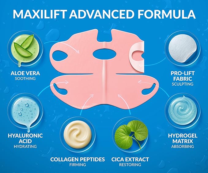Stylia MaxiLift V-Line Lifting Collagen Face Mask – Enhanced Double Chin Reducer – Jawline Shaper Face Lifting Masks – Firming Neck Lift Collagen Mask – Chin Strap for Sleeping – Hyaluronic Aloe 10PC