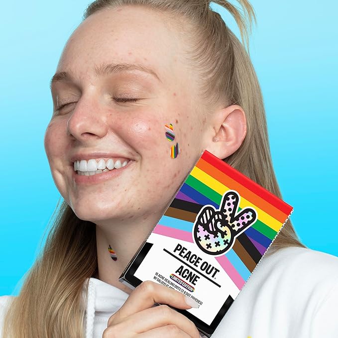 PEACE OUT Acne Healing Pride Dots Helps Clear Blemishes Overnight, Fast Acting Hydrocolloid Pimple Patches for Breakouts with Salicylic Acid, Retinol and Aloe Vera, Award Winning Skincare 16 Count