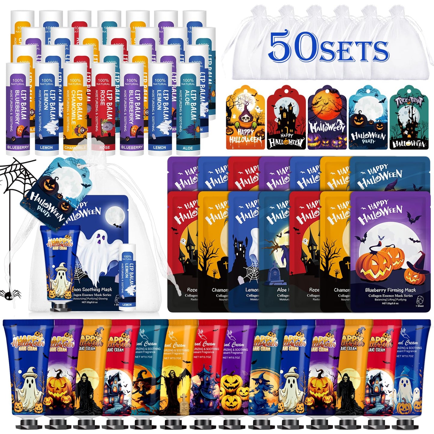 VESPRO 50 Pack Halloween Hand Cream, Facial Mask and Lip Balm Set, Bulk Halloween Gifts for Women, Halloween Decorations, Halloween Party Favors, Halloween Basket Stuffers and Halloween Skincare