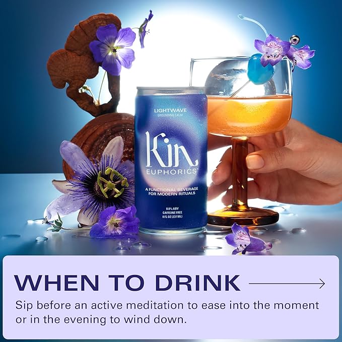 Kin Euphorics Lightwave Non-Alcoholic Functional Beverage | Calm the Mind & Mellow the Mood | Adaptogens, Nootropics, Reishi Mushroom & L-Theanine | 8 Fl Oz (8pk)