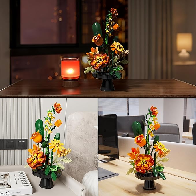 Flower Bouquet Building Blocks Set, Artificial Flowers Toys Botanical Collection DIY Unique Home&Office Bonsai Decoration Adults, Teen Girls for Birthday，Christmas, Holiday