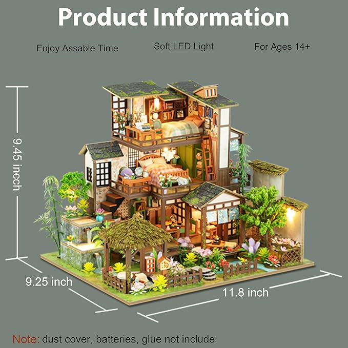 ISSEVE DIY Miniature House Kit, Tiny House Dollhouse Kit for Adults, Mini House Building Kits, Halloween Christmas Home Bookshelf Decoration, Gifts for Family and Friends (Bamboo Spring Courtyard)