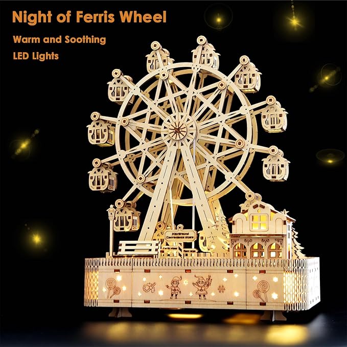 3D Wooden Puzzle Upgraded Ferris Wheels Music Box Model LED Light DIY Crafts Kits Home Decoration Brain Teaser Valentine’s Day Birthday Gift for Adults & Kids (Ferris Wheel LG)