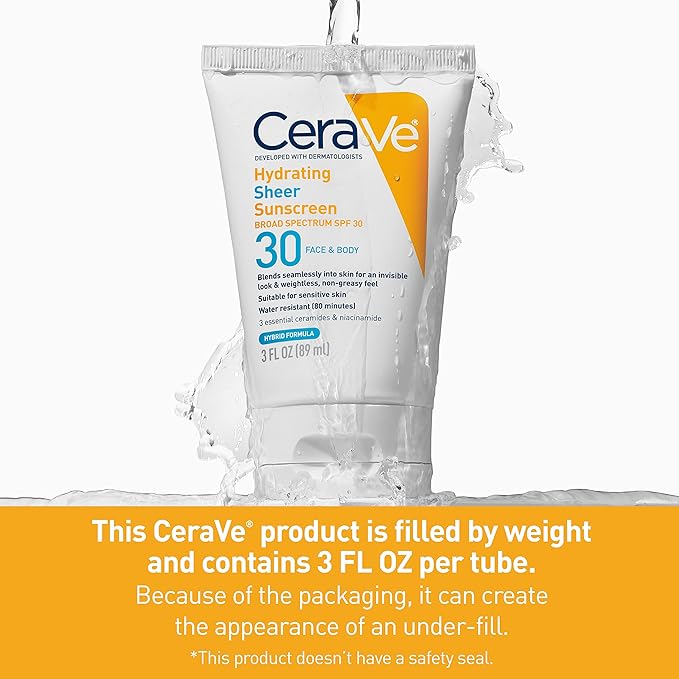 CeraVe Hydrating Sheer Sunscreen SPF 30 for Face and Body | Mineral & Chemical Sunscreen with Zinc Oxide, Hyaluronic Acid, Niacinamides and Ceramides| Paraben Free Fragrance Free | 3 Ounces