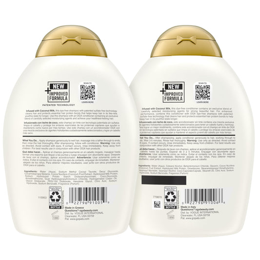OGX Nourishing + Coconut Milk Sulfate Free Shampoo and Conditioner Set, Hydrates & Softens Hair, Lipi Pro Shield Technology, Creamy Coconut Milk White Peach & Shea Butter Scent, 2 Items, 2 x 13 fl oz