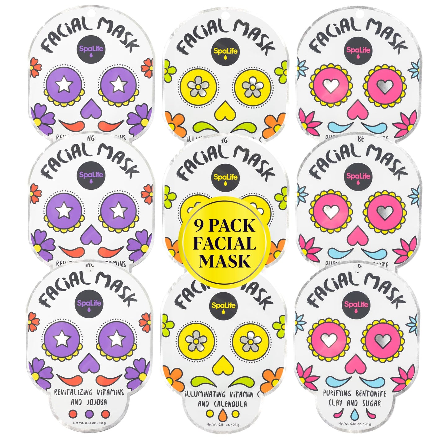SpaLife Dia de Muertos Facial Mask Variety Pack - 9 Count for Hydrating and Refreshing Skin Care Korean Sheet Masks - Moisturizing Face Mask Sheets for Spa-Like Skin Rejuvenation