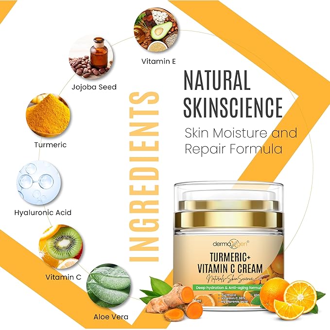 Turmeric Face Cream with 30% Vitamin C – Hydrating Glow Boosting Moisturizer for Normal, Dry, Oily, and Combination Skin – Organic Ingredients – 1.7 FL OZ