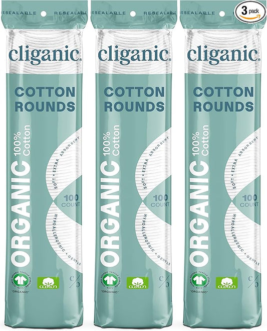 Cliganic Organic Cotton Rounds (300 Count) Makeup Remover Pads, Hypoallergenic, Lint-Free | 100% Pure Cotton (Packaging May Vary)