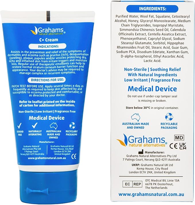 C+ Eczema Relief Cream - Steroid-Free Moisturizer Soothes Dermatitis, Inflammation, Redness Treatment for Irritated, Dry Skin - All Natural Ingredients with Manuka Honey, (4.23oz)