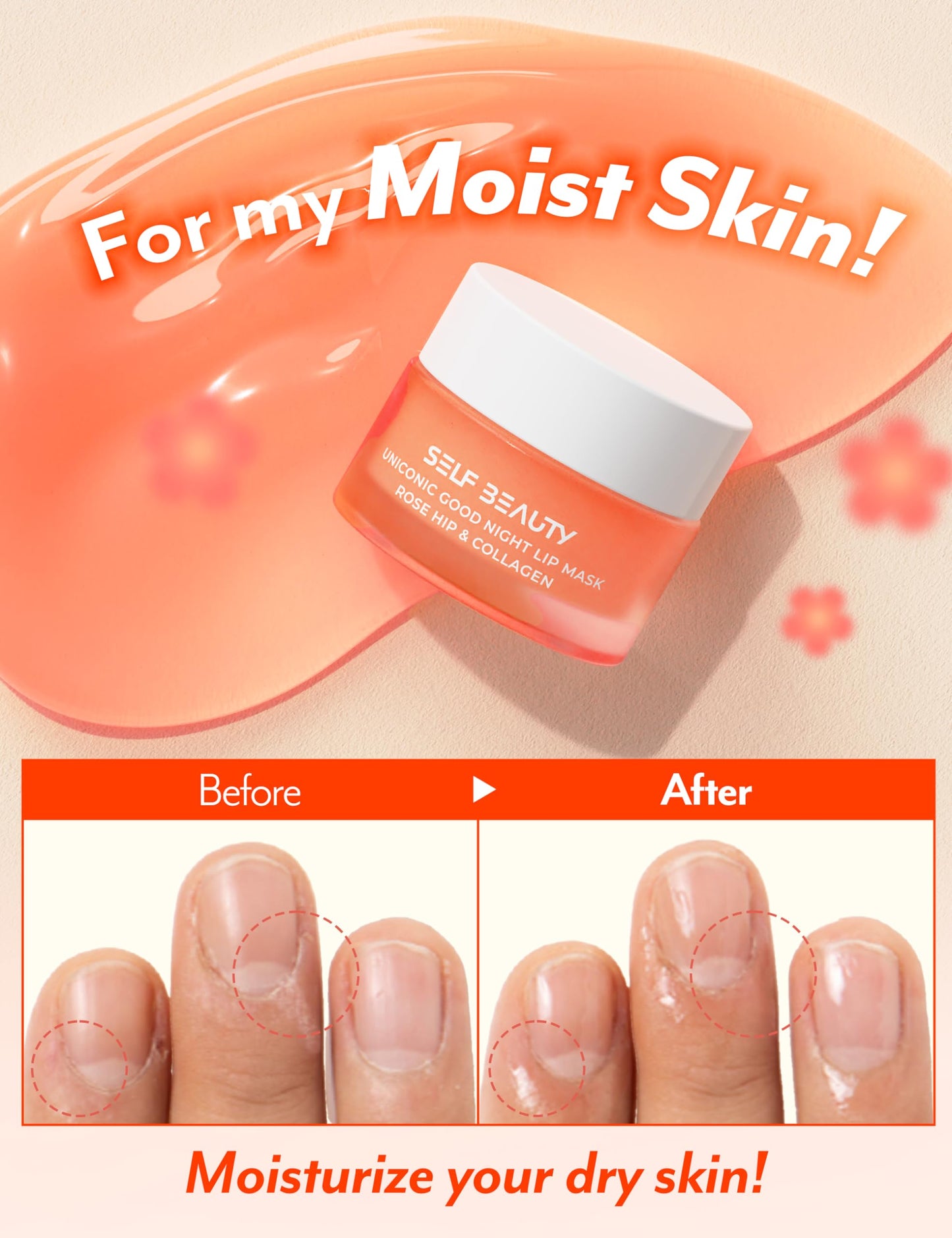 SelfBeauty Lip Mask - Rosehip & Collagen, Vegan Lip Balm, Lip Moisturizer, Overnight Hydrating Lip Treatment with Collagen Peptide, Lip Scrub Exfoliator Intensive Lip Repair, 0.51fl.oz