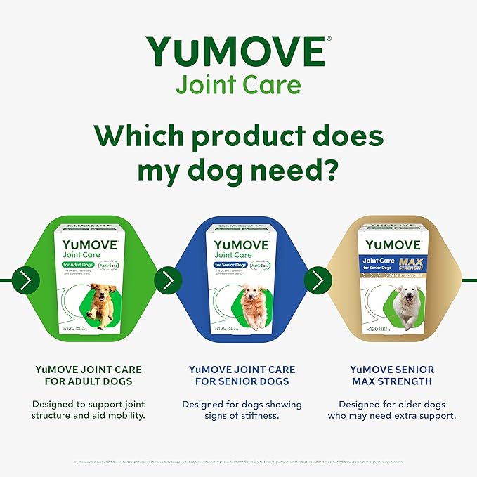 YuMOVE Hip & Joint Supplement for Dogs with Glucosamine, Hyaluronic Acid, Green Lipped Mussel & Omega 3 Joint Supplement - Regular and Advanced Strength (120ct, Chewable Tablets)