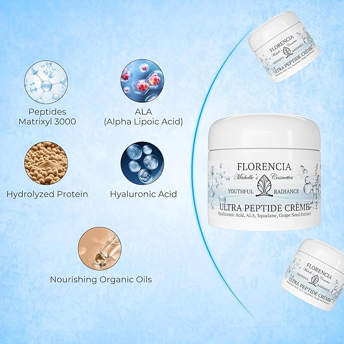 Florencia Ultra Peptide Cream - Nourishing, Organic Face Moisturizer with Hyaluronic Acid & Matrixyl 3000 - Hydrates, Rejuvenates, Firms, Improves Fine Lines - Natural & Vegan, 2 oz