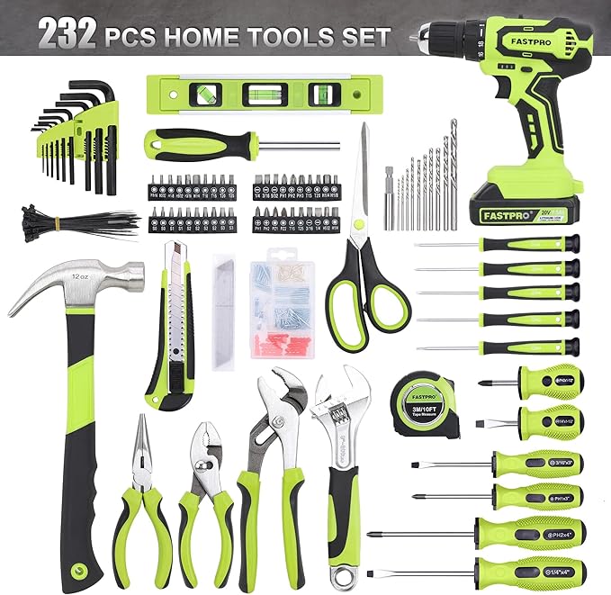 FASTPRO 232-Piece 20V Cordless Lithium-Ion Drill Driver & Home Tool Set, Household Repairing Tools Kit with Drill, 12-Inch Wide Mouth Storage Bag, Green