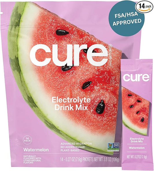 Cure Hydration | Plant-Based Electrolyte Drink Mix | No Added Sugar | FSA-HSA | Dehydration Relief Powder Made with Coconut Water | Non-GMO | Vegan | Pouch of 14 Packets - Watermelon