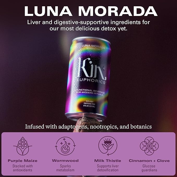 Kin Euphorics Luna Morada Non-Alcoholic Functional Beverage | Metabolic Tonic for Digestive & Liver Support | Caffeine-Free & Functional Beverage | 8 Fl Oz (12pk)