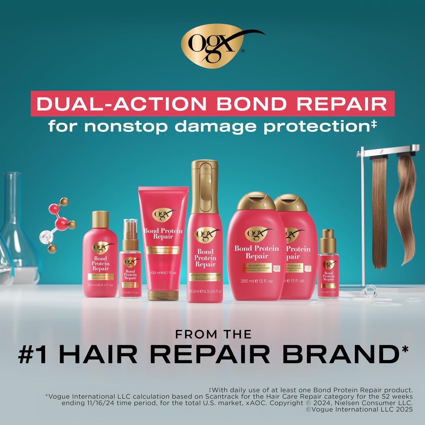 OGX Repair + Protect Bond Protein Repair Shampoo and Conditioner Set, targets damaged areas for bond protection, sulfate-free, hydrating care for color-treated, dry hair, 13 fl oz each (Pack of 2)