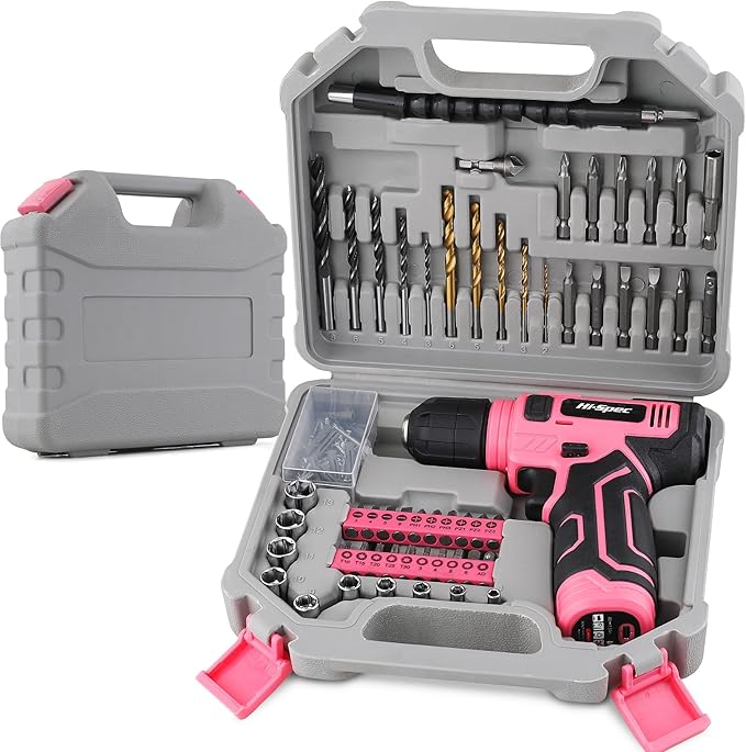 Hi-Spec 110pc Pink 8V USB Electric Power Cordless Womens Drill Driver Set. Drill Bits, Sockets and Screwdriver Bit Set Accessories In a Portable Toolbox Case for Ladies