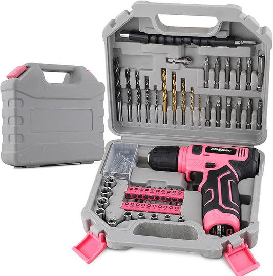 Hi-Spec 110pc Pink 8V USB Electric Power Cordless Womens Drill Driver Set. Drill Bits, Sockets and Screwdriver Bit Set Accessories In a Portable Toolbox Case for Ladies