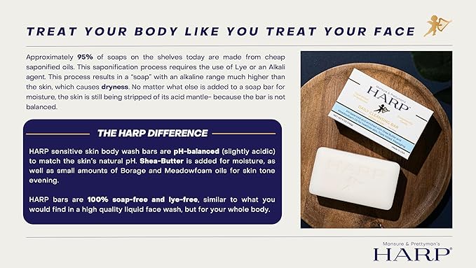 HARP pH-Balanced (5.0-6.0) Body Wash Bar - Exceptionally Gentle For Dry or Sensitive Skin + Shea Butter + Borage Oil | Non-Comedogenic | Soap-Free, Lye-Free. FRAGRANCE FREE (No Masking agents added)