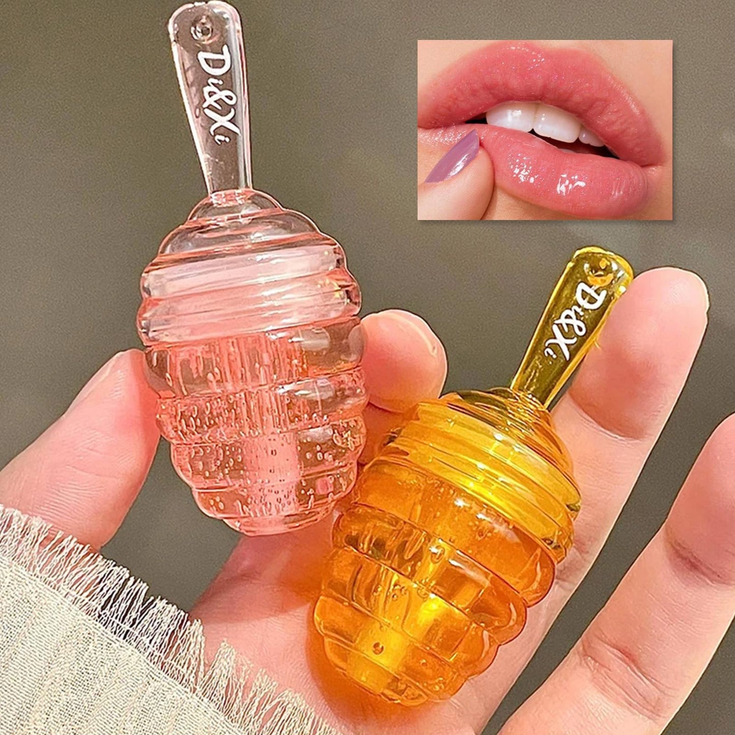 2 PCS Moisturizing Honey Pot Lip Oil Lip Gloss, Natural Honey Sleeping Lip Mask, Lip Balm, Hydrating & Prevention Dry & Cracked Lip Scrubs Exfoliator, Winter Lip Care Products(Peach+Honey)