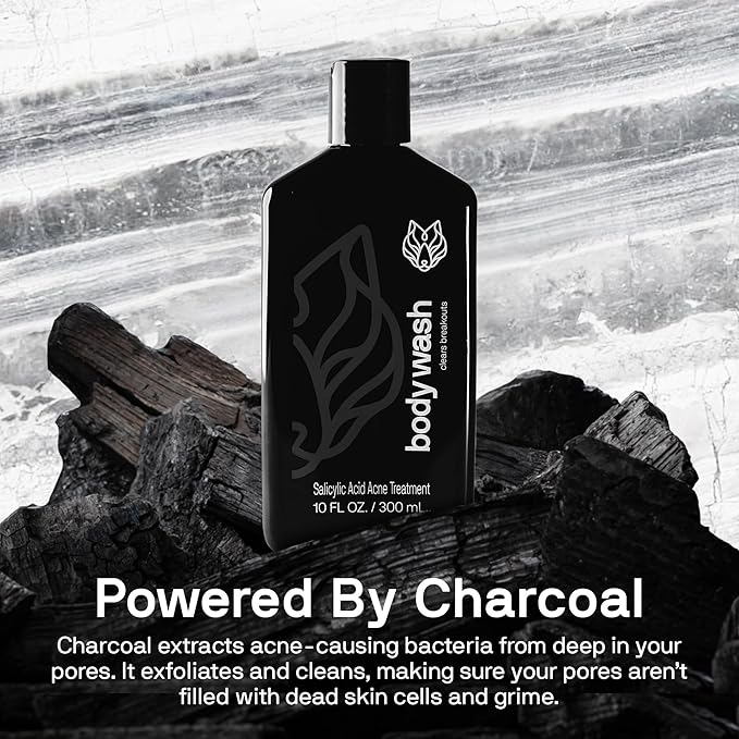 Black Wolf Salicylic Acid Body Wash for Men - Acne Body Wash - Charcoal Helps Reduce Acne Breakouts & Cleanse Your Skin - Full Coverage & Deep Clean Treatment - Men's Bodywash, 10 Fl Oz