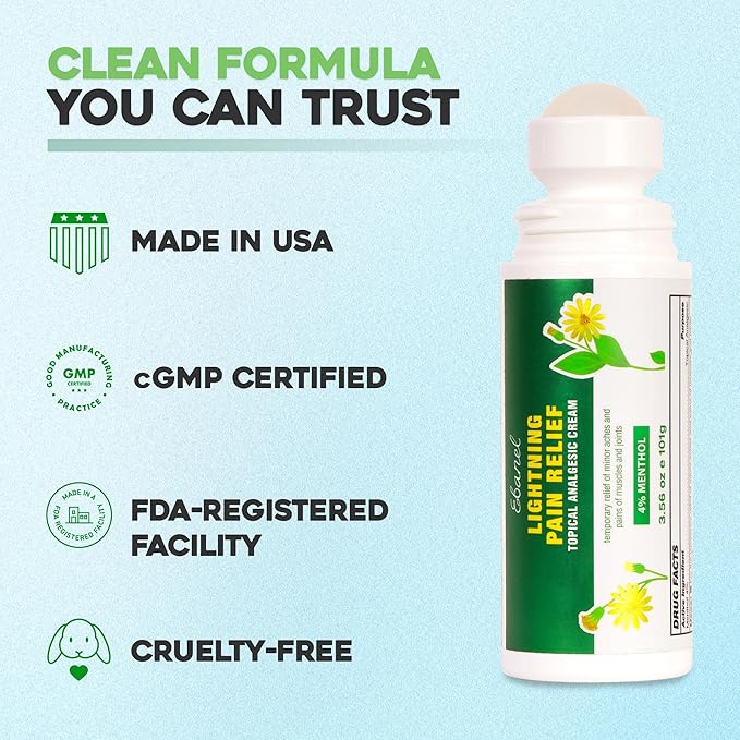 Ebanel Pain Relief Roll On for Arthritis, Foot, Back, Joint, Neck, Strains & Sprains with Menthol, Camphor, Arnica, Emu Oil, MSM, Boswellia, Targeted Muscle Pain Relief Roll On