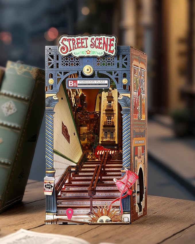 Rolife DIY Book Nook Kits for Adults, Miniature Dollhouse Booknook Kit, 3D Wooden Puzzle Creative Decorative Bookends Bookshelf Diorama Insert Crafts Hobbies Gifts (Street Scene)
