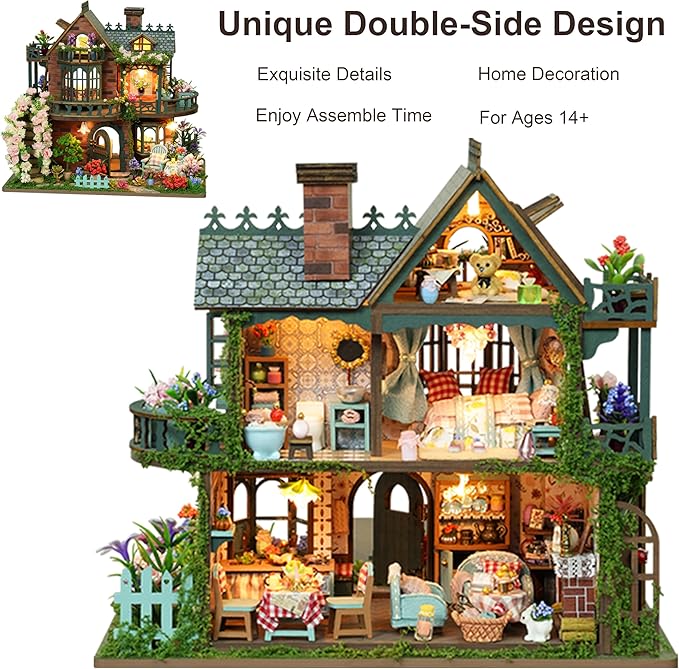 ISSEVE DIY Miniature House Kit, Tiny House Dollhouse Kit for Adults, Mini House Building Kits, Halloween Christmas Home Bookshelf Decoration, Gifts for Family and Friends (Fairy Garden House)