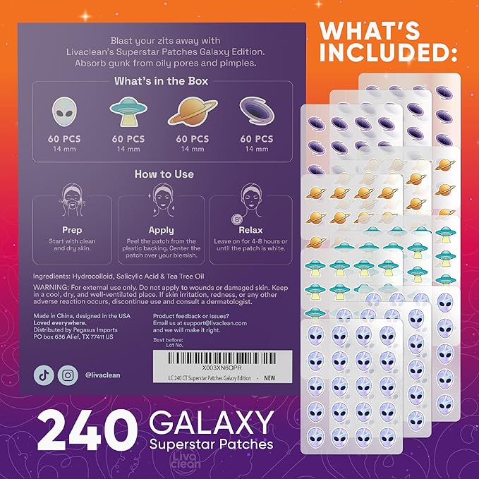 LivaClean 240 CT Superstar Pimple Patches Galaxy Edition w/Salicylic Acid & Tea Tree Oil - Pimple Patches Cute, Acne Patch for Face, Hydrocolloid Acne Patch