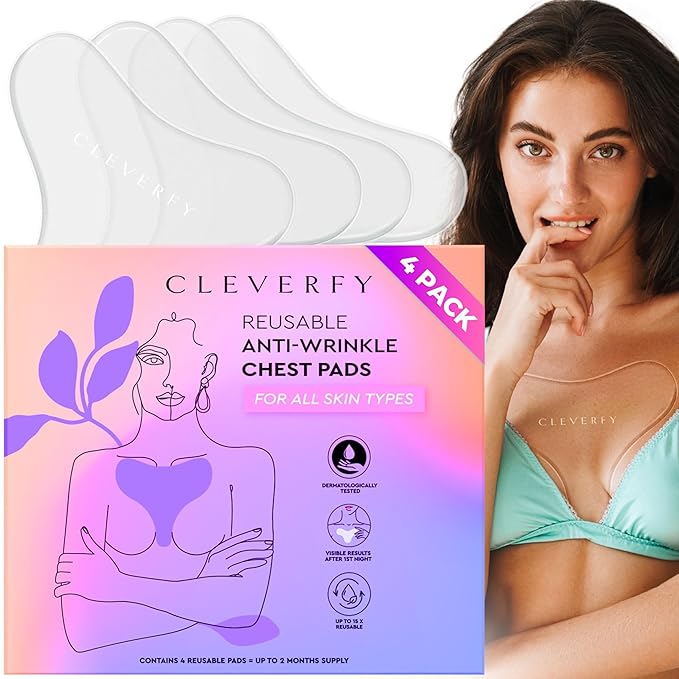 CLEVERFY Silicone Chest Wrinkle Pads for Décolleté - 4-Pack of T-Shape Reusable Anti-Wrinkle Patches