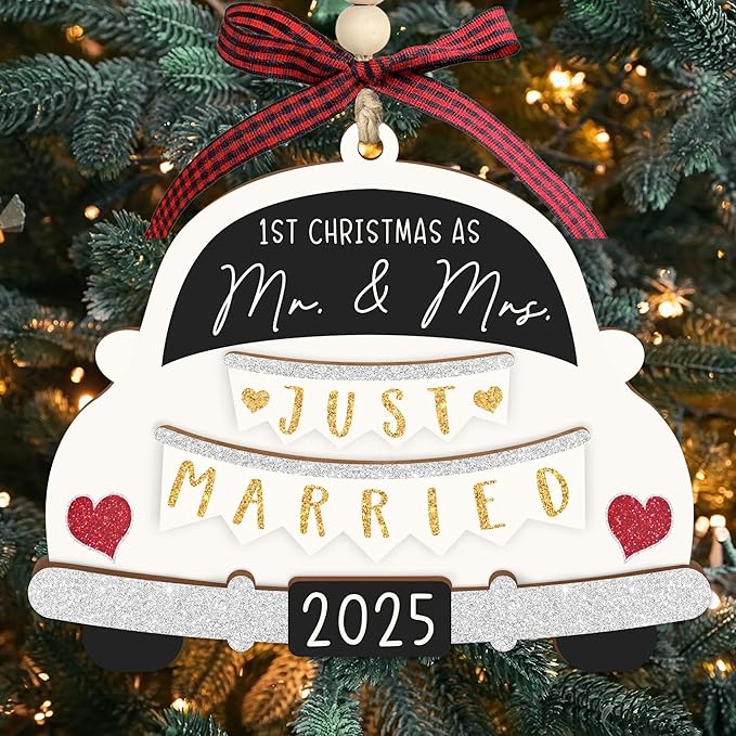 First Christmas Married Ornament 2025 - Mr and Mrs Gifts - Wedding Gifts for Couples 2025, Just Married, Newlywed Keepsake - Wooden Mr and Mrs Ornament with Gift Box