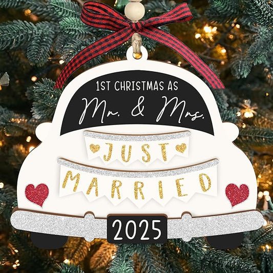 First Christmas Married Ornament 2025 - Mr and Mrs Gifts - Wedding Gifts for Couples 2025, Just Married, Newlywed Keepsake - Wooden Mr and Mrs Ornament with Gift Box