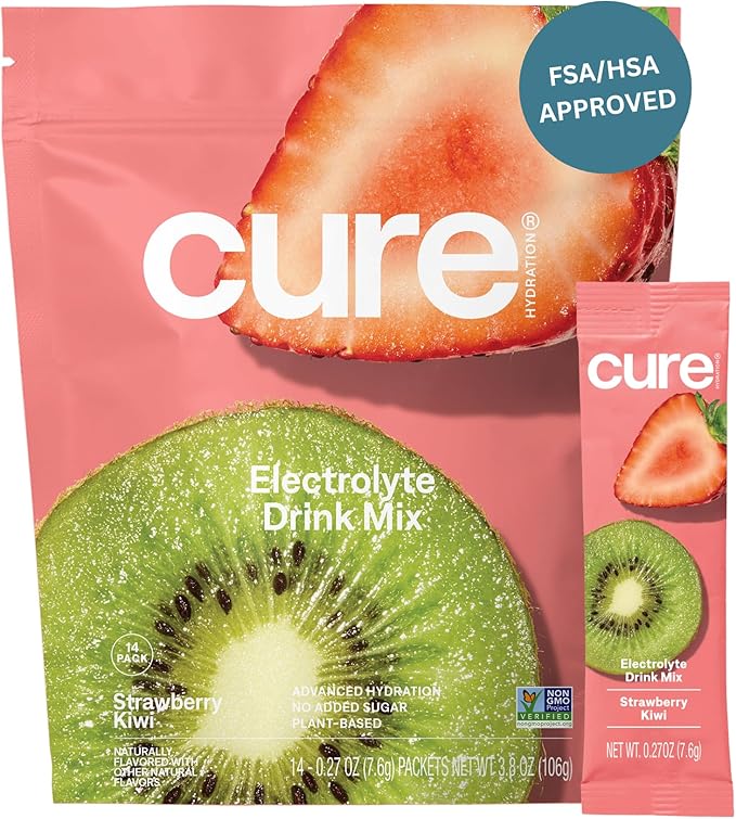 Cure Hydration | Plant-Based Electrolyte Drink Mix | No Added Sugar | FSA-HSA | Dehydration Relief Powder Made with Coconut Water | Non-GMO | Vegan | Pouch of 14 Packets - Strawberry Kiwi