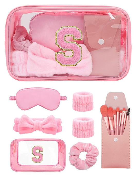 Gift Sets for Women, Initial Makeup Bag with Makeup Brush Set Bachelorette Party Favors, Pink Spa Kit with Skincare Headbands Wrist Bands Sleepover Party Supplies Gifts for Teen Girls Bridesmaid S