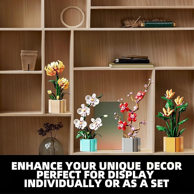 Flower Bouquet Building Blocks 4 Set, Artificial Flowers Toys Botanical Collection DIY Unique Home&Office Bonsai Decoration Adults, Teen Girls for Birthday