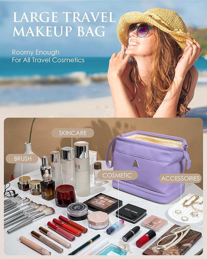 Initial Makeup Bag, Daughter Gifts, Personalized Double Layer Cosmetic Bag with Makeup Brush Organizer, Waterproof, Large Capacity PU Leather Travel Toiletry Bag Cute Things for Girls