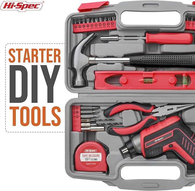 Hi-Spec 35pc Red Tool Kit with 3.6V USB Electric Screwdriver and Drill Set. Complete Basic Tool Set