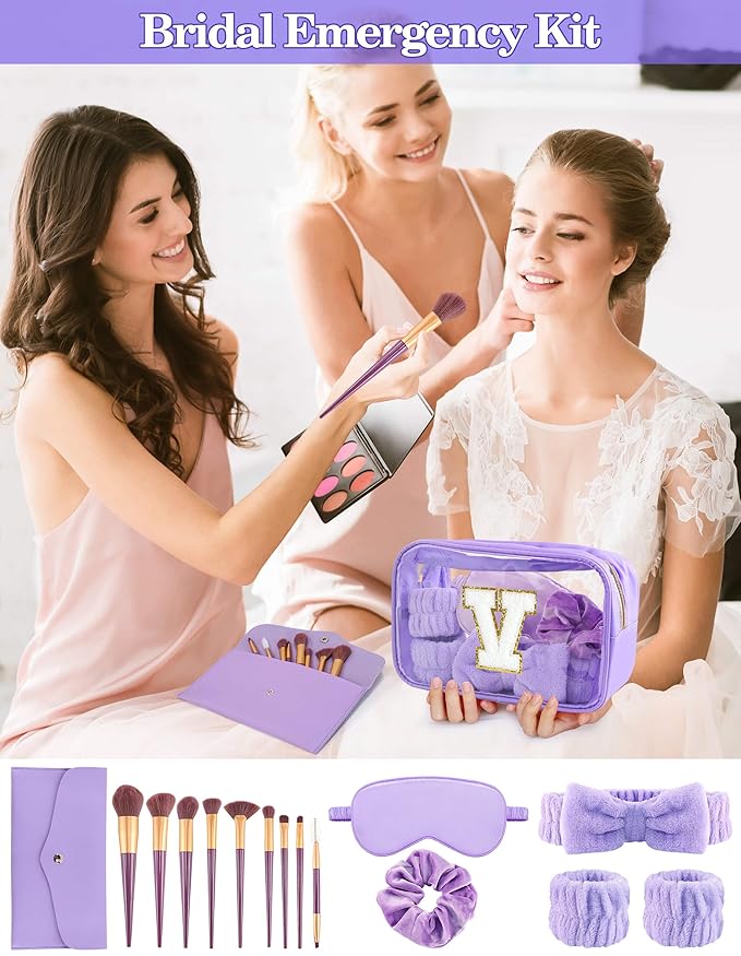 Gift Sets for Women, Initial Makeup Bag with Makeup Brush Set Bachelorette Party Favors, Purple Spa Kit with Skincare Headbands Wrist Bands Sleepover Party Supplies Gifts for Teen Girls Bridesmaid V