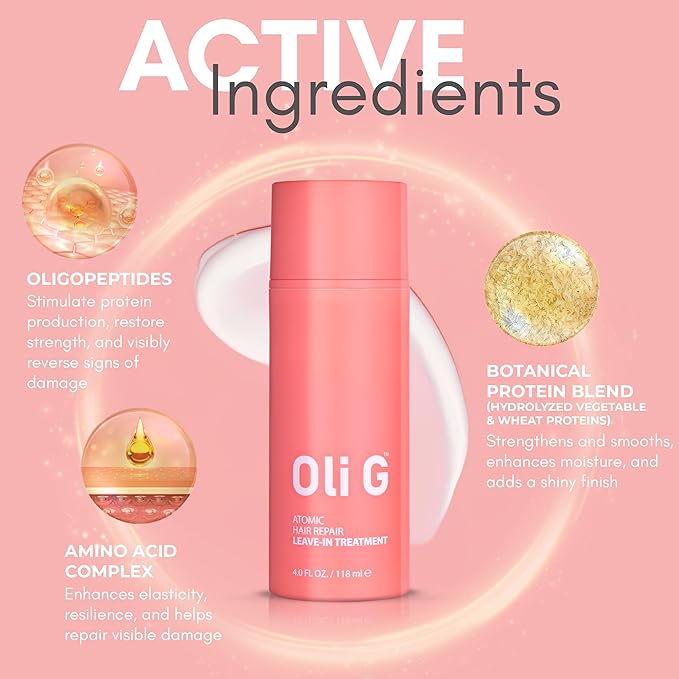 Oli G Atomic Hair Repair Leave In Treatment for Women – Anti Frizz Hair Treatment Cream with Oligopeptides & Botanical Proteins – Conditioning, Moisture & Strengthening Formula - All Hair Types - 4oz