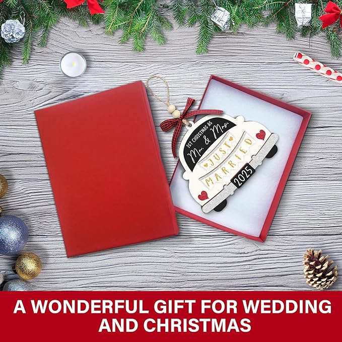 First Christmas Married Ornament 2025 - Mr and Mrs Gifts - Wedding Gifts for Couples 2025, Just Married, Newlywed Keepsake - Wooden Mr and Mrs Ornament with Gift Box