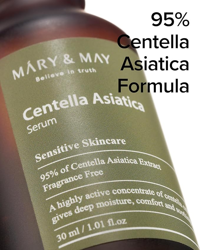 Mary&May Centella Asiatica Serum - 95% of Cica Extracxt for Instant Skin Soothing, Regeneration, and Elasticity Improvement - Korean Face Serum, Fragrance-Free, 1.01 fl.oz.