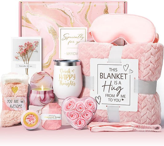 Birthday Gifts for Women Self Care Gifts Get Well Soon Gifts, Rose Relaxing Spa Gifts Basket Care Package w/ Luxury Flannel Blanket, Unique Mothers Day Gifts for Mom Her Friend Sister Wife Grandma